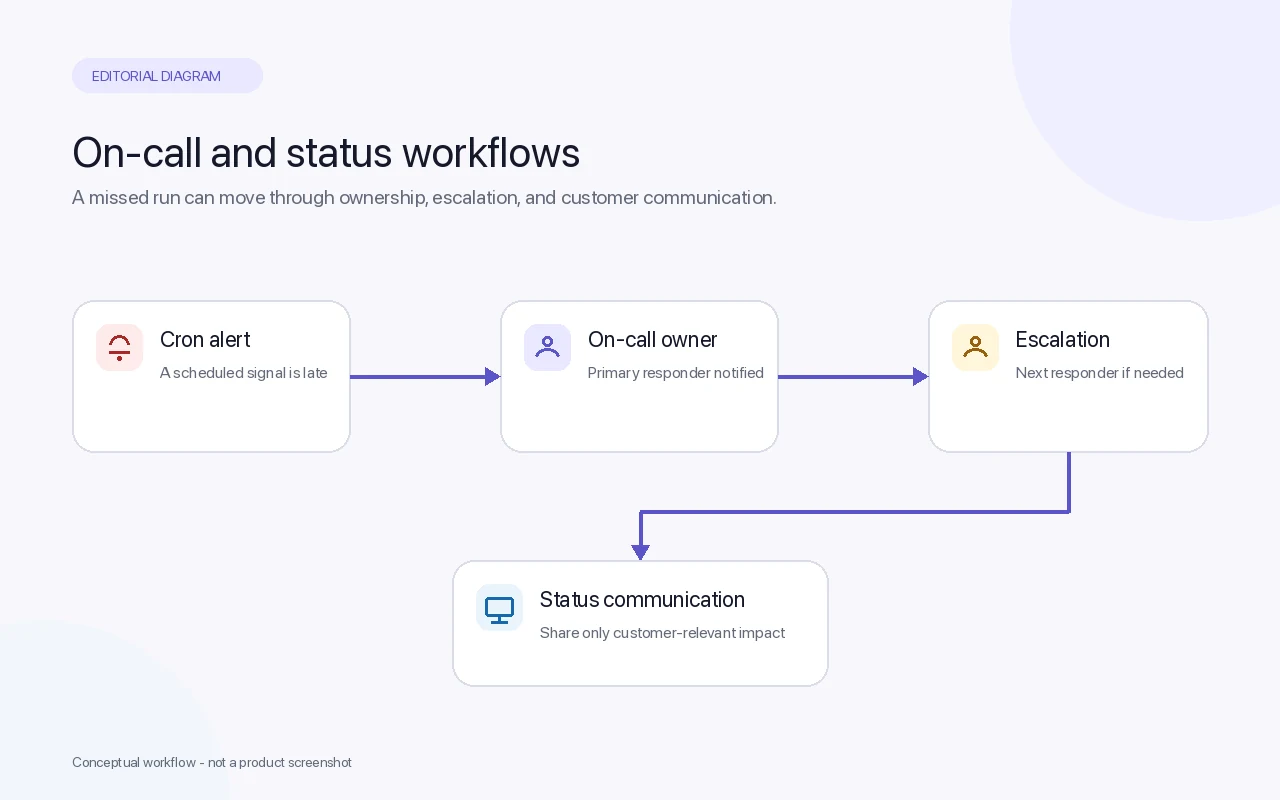 Workflow diagram routing a late cron alert to an on-call owner, an escalation, and a customer-relevant status update