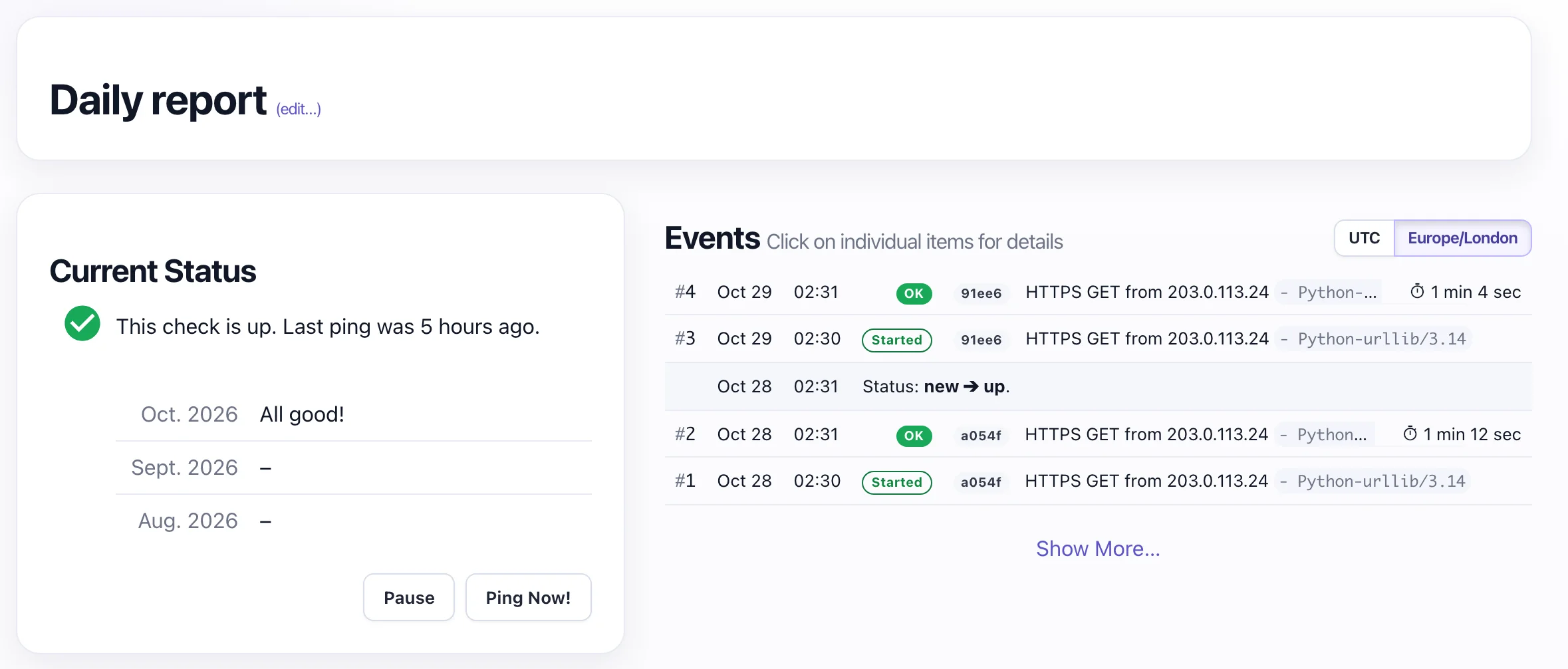 Watchgoose check named Daily report with status up and an event log of two daily runs from Python-urllib/3.14, each with a Started event at 02:30 and an OK event at 02:31 with measured durations of 1 min 12 sec and 1 min 4 sec, plus a status change from new to up after the first success