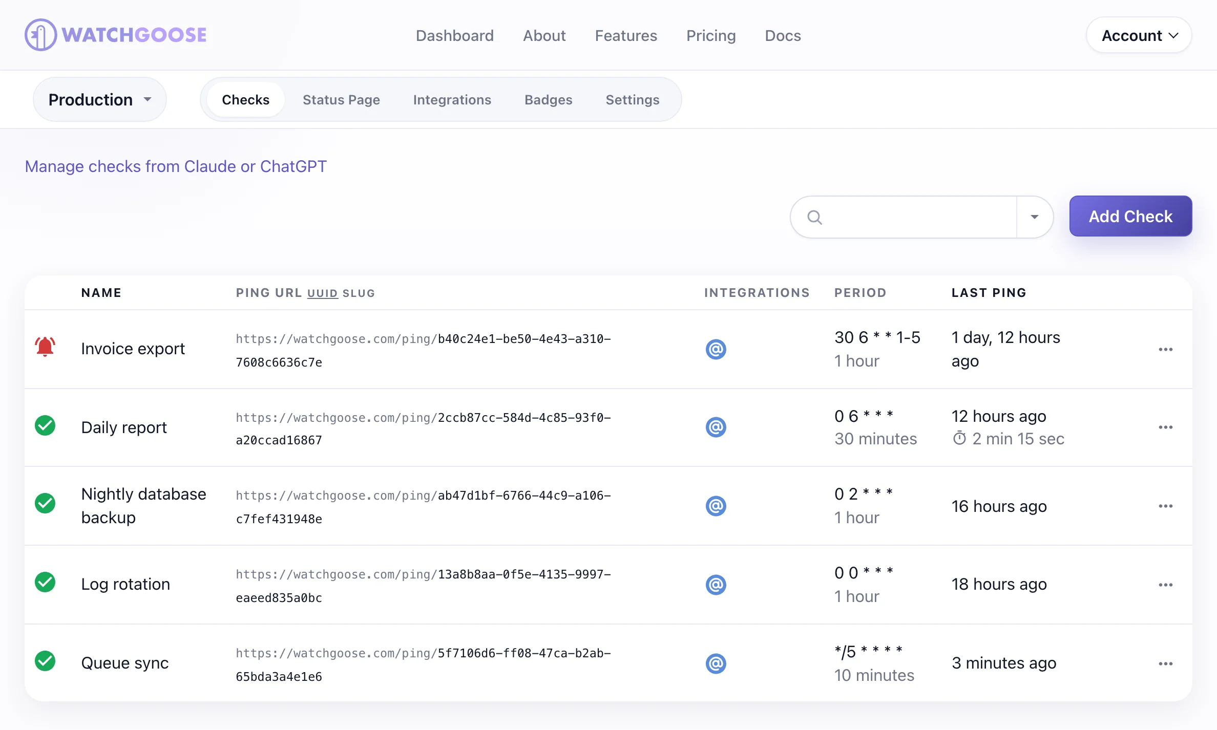 Watchgoose checks list with five demo cron jobs: Invoice export is marked down after a missed run, and the other four are up, each with its schedule, grace time and last ping